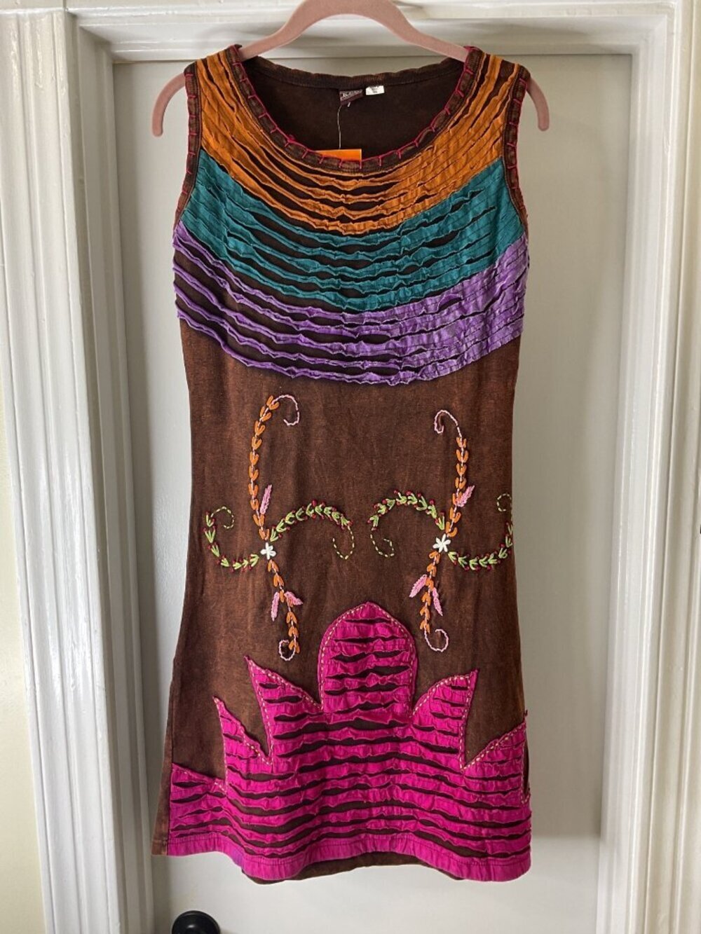 KPC Bohemian Embroidered Mini-Dress Size XXL Handmade Nepal Stone Washed Ruffled
